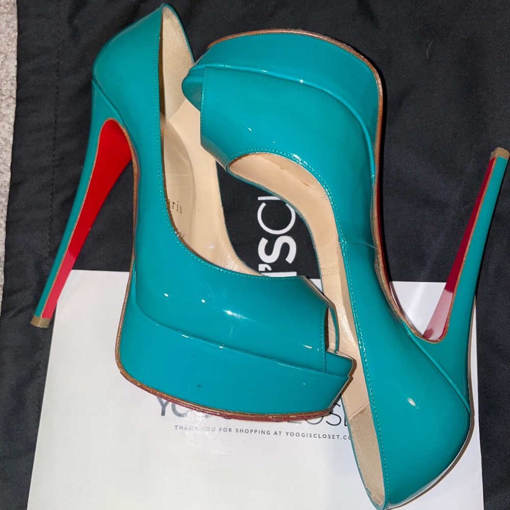 Teal Christian Louboutin Heels Lady Peep Platform Pump